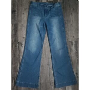 Soft Surroundings Wide Leg Jeans Womens 4 Blue Patch Pocket Mid Rise Flare